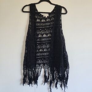 Boho Black Crochet Fringe Vest L/XL | Open Front Festival Kimono Style